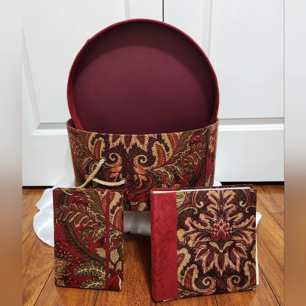 Raymond Waites Once Upon a Rose Collection Burgundy Faux Suede/Floral Hat Box